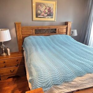 Handknit Light Blue Knit Full Double Bedspread